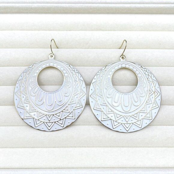 Yellow Gold with White Enamel Boho Aztec Pattern Round Dangling Hook Earrings - Picture 3 of 9